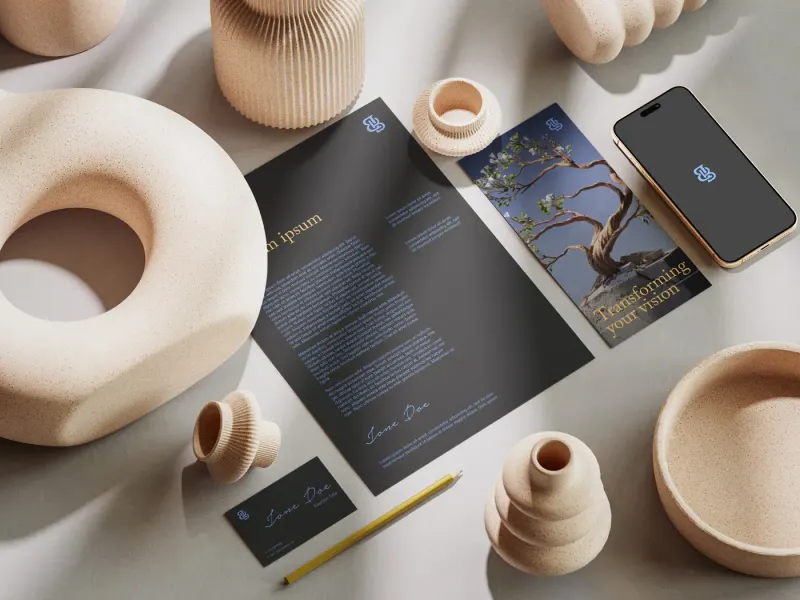 Mockup einer Geschäftsausstattung mit BA-Monogramm: Visitenkarten, Briefpapier und Dekorobjekte