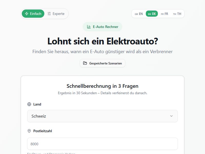Startseite des E-Auto-Rechners evkosten.ch